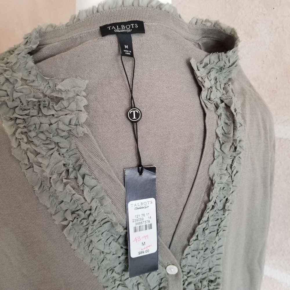 Talbots Olive Ruffle Trim Cardigan Sweater Sage Green Grey Sz Medium NEW NWOT - Picture 9 of 10